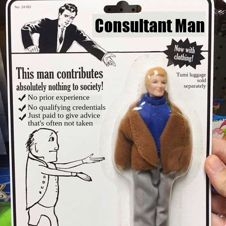 The figure describes a humorous action figure called Consultant Man, contributing nothing to the society.